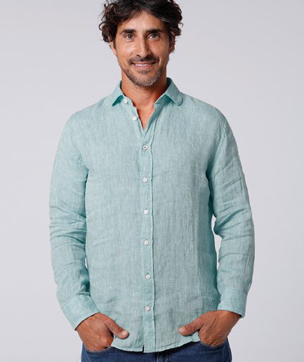 Camisa lino regular fit turquesa