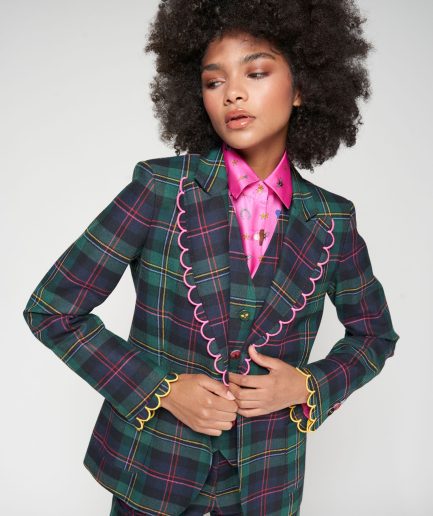 Americana cuadro escoces pespunte contraste rosa